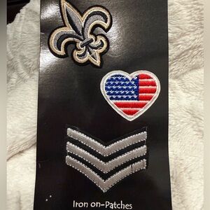 Set of 3 Iron-On Patches - Fleur-de-lis, American Flag Heart, Silver Chevrons